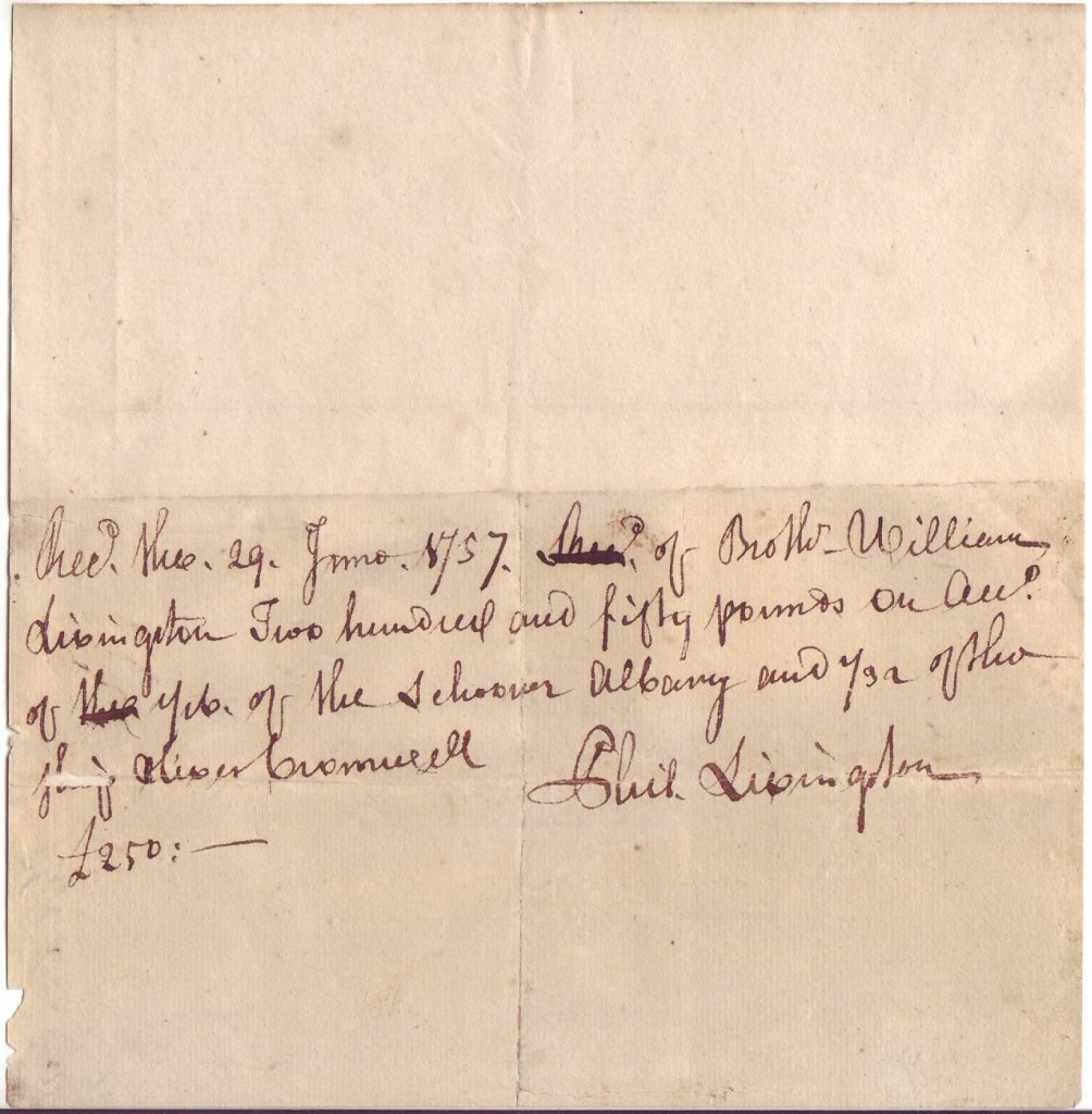 LIVINGSTON, PHILIP. Autograph Document Signed, Phil. Livingston, receipt for payment of £250 from his brother, William Livingston.